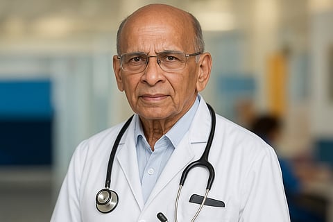 Dr. A.K. Rairu Gopal wearing a lab coat and stethoscope 