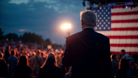 President Trump addressing a speech in front of crowd.