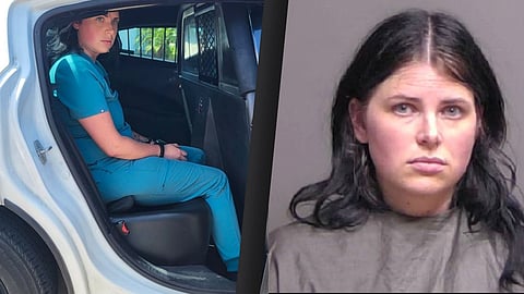 Collage of Autumn Bardisa in police car and her mugshot.