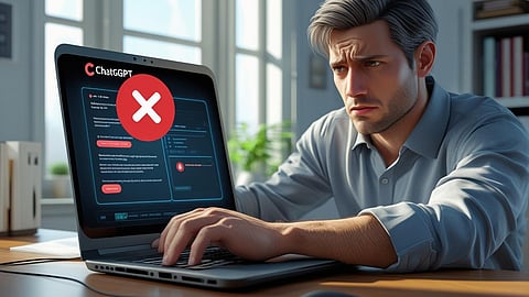 Image depicting a man looks worried at laptop showing AI chatbot portal and error with red cross icon.