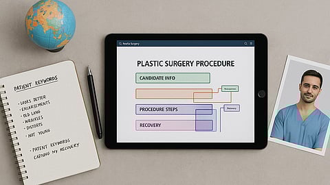 Image depicting notebook and tablet showing plastic surgery procedures.