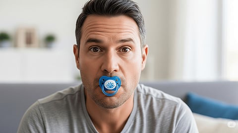 A Gen Z adult uses a silicone adult pacifier as a stress-relief tool - part of a growing mental wellness trend.