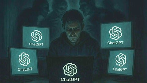 A man sitting alone in a dimly lit room, surrounded by glowing computer screens with the ChatGPT logo, while shadowy hallucination-like figures whisper behind him, symbolizing AI-induced delusions.