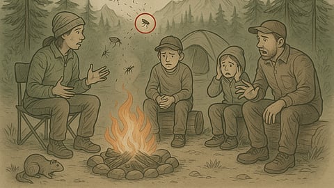 A family sitting around a campfire in the Sierra Nevada, with a subtle sketch of fleas jumping from a ground squirrel nearby.