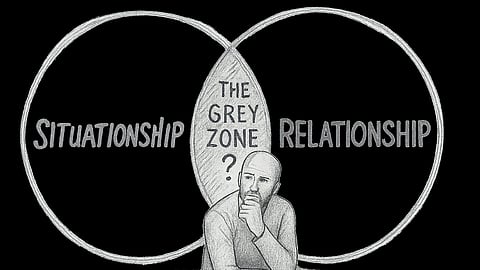 Sketch of two overlapping circles (Venn diagram). One circle labeled “Situationship” in a loose, sketchy style, the other “Relationship” in a structured style. 