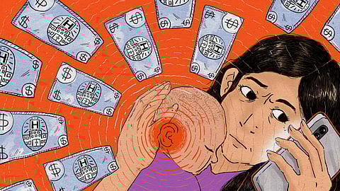 Illustration of a worried mother holding her baby while talking on the phone, surrounded by floating medical bills with hospital symbols, representing the financial stress of healthcare costs.
