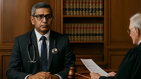 A doctor with a stethoscope sits in a courtroom before a judge.