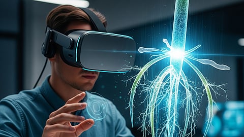 Image depicts a scientist using VRoot to improve plant root system.