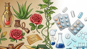Image representing a cross-over between ancient beauty concoctions and modern pharmacy.