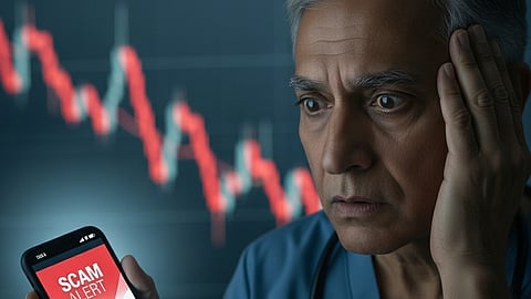 Graphics of an old doctor worried because he is scammed by by whatsapptrading.