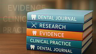 A pile of books stacked named dental journal, research, evidence, clinical practice etc.