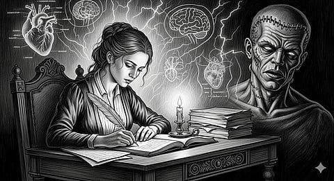 A gothic-inspired sketch of Mary Shelley writing Frankenstein by candlelight, with faint ghostly images of electricity, anatomy diagrams, and a shadowy figure of the Creature forming behind her, symbolizing imagination merging with science.