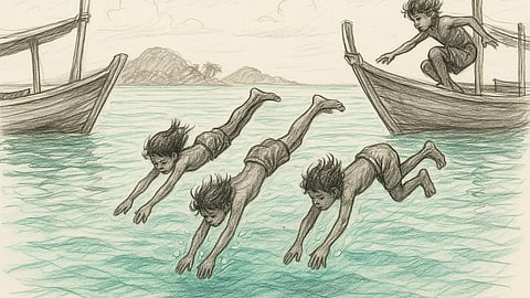 A hand-drawn sketch of Moken children diving into clear turquoise waters near traditional wooden boats, with tropical islands faintly visible in the background.