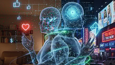 Digital figures surrounded by social media icons and neon ads, symbolizing desire shaped by technology and consumerism.