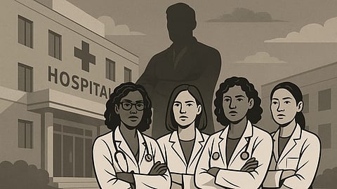 A group of woman doctors standing in front of a hospital building and a male dark figure looming behind them.