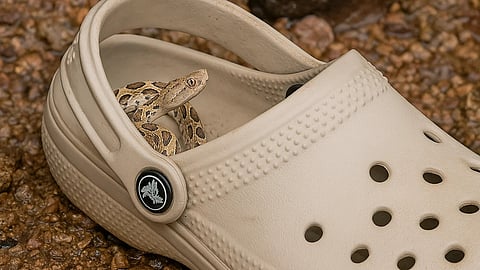 A crocs slipper with a small Russel's viper in it.