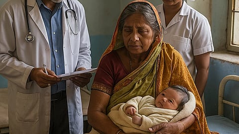 An AI image that shows an elderly woman with a baby in a hospital bed with a nurse and a doctor nearby.