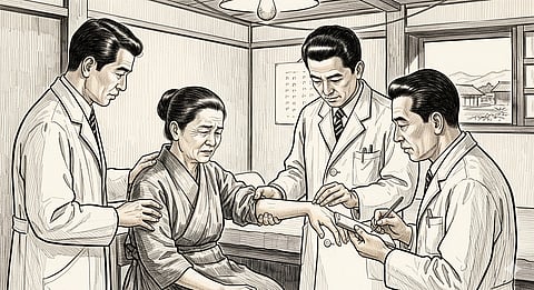 Illustration of a clinical exam scene in the 1960s — Japanese doctors examining rural women complaining of severe bone pain — historical medical sketch style.