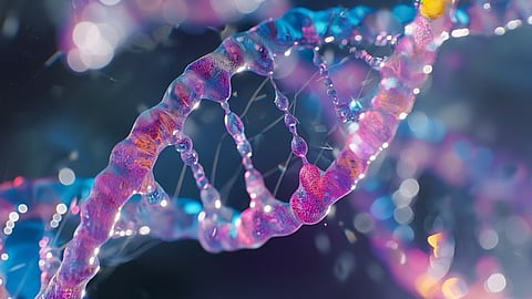 DNA sequence in blue and purple indicating how variability in DNA can create epigenetic noise.
