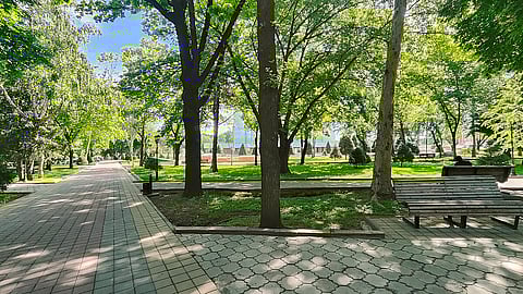 An image of a garden with long trees with wooden benches near a public library in Kyrgyz Republic.