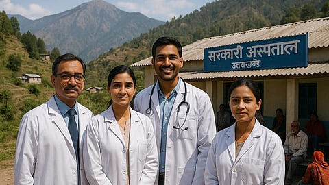 Four doctors standing in front of a government hospital in uttarakhand.