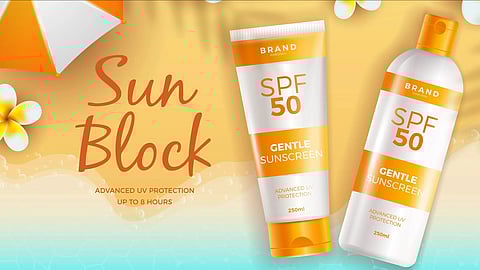 A tube and a small bottle of sunscreen in a beach background.