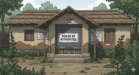 Illustration of a rural Ayurvedic clinic in Jharkhand with a closed shutter and a ‘Sealed by Authorities’ notice pasted on the door — symbolic of shutdown.