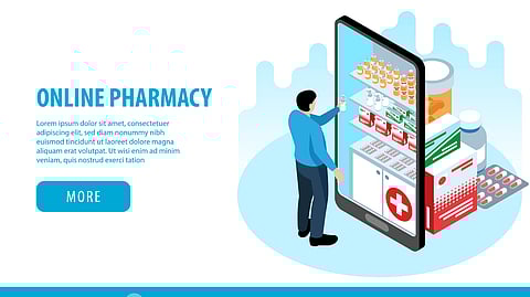 A graphic illustration showing a person getting drugs from online sources. 