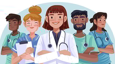 Team of young specialist doctors standing 