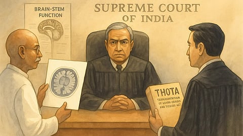 An AI image of a courtroom where a dr is presenting some details about brain death and a lawyer is delivering details about THOTA.