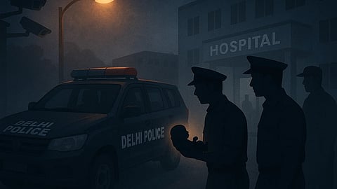 An AI image depicting police rescuing ana infant from a hospital premises in the dark.