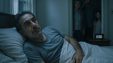A man lying on his bed awake unable to sleep while his family members are watching