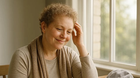 A middle-aged woman sitting by a window caressing baby curly hair on her head.