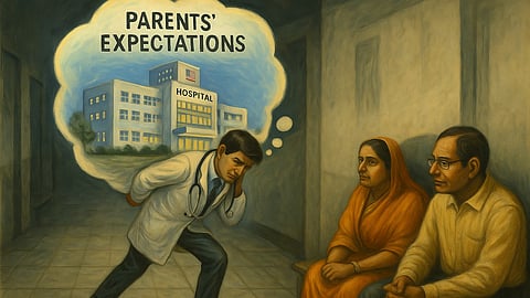 A surreal image of a young doctor carrying a large dream bubble labeled “Parents’ Expectations.” Inside the bubble is a shining image of a US hospital. 