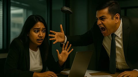 An AI image showing a male boss shouting at a woman who is working on a laptop and a mouse flying in the air.