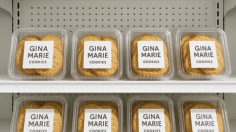 An AI generated image of 'Gina Marie cookies' kept on a supermarket shelf in twp rows.