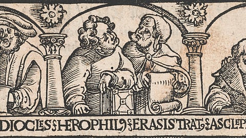 Ancient herbalists and scholars of medicinal lore (Galen, Pliny, Hippocrates etc.); and Venus and Adonis in the gardens of Adonis. Woodcut, 1532