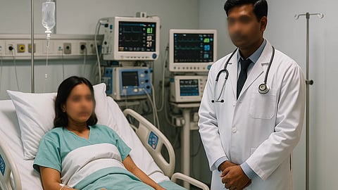 An AI image showing a male doctor and a female patient in ICU with faces blurred.