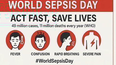 An awareness poster for world sepsis day with symptoms displayed in beige and red colors and some graphics.