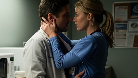 An intimate image of a man in a lab coat and a woman in scrubs embracing closely in a dimly lit hospital break room.