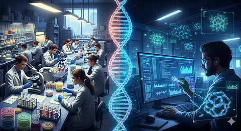 A split illustration: on one side, a biotechnology lab with scientists working with microscopes, DNA samples, and petri dishes; on the other side, a bioinformatician at a computer surrounded by glowing 3D models of DNA, proteins, and data charts.