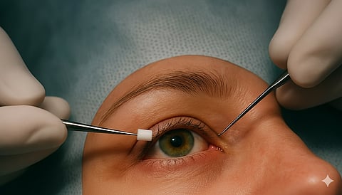 Image of a woman's eye having an OOPK procedure done.