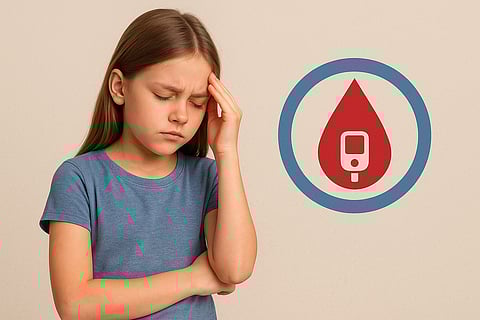 An image of a girl in stress and a blood drop with glucose meter on side