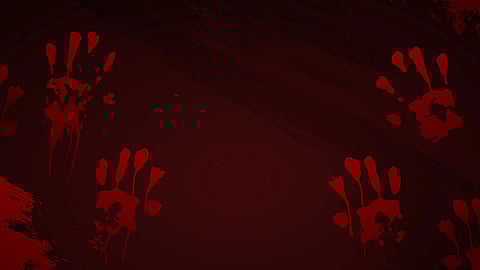 Image of graphics of red hands on a dark red surface.