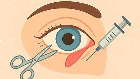 Image showing graphics of a surgery showing an eye, a scissors, an injection.