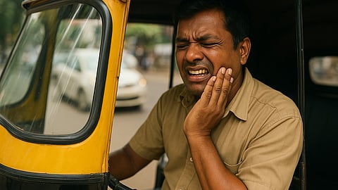 An image of a auto driver in his auto and experiencing toothache