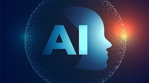Graphical image of a symbol of AI and human face at the back in blue color.