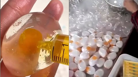 The left side image depicts a hand holding a transparent gel-like egg with a yellow yolk, and in the right side a person handling multiple similar gel-like eggs with orange centers in a tray, surrounded by bubbling liquid.