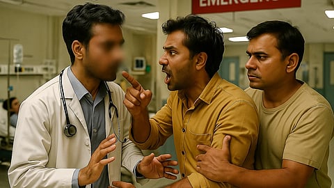 A person shouting at a doctor in a hospital setting.