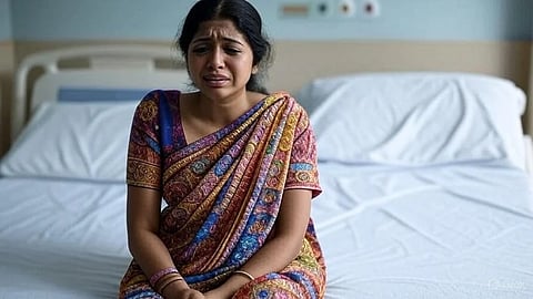 An image of a woman in distress on a hospital bed.